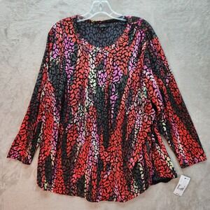 Calessa Tunic Womens 2X Red Animal Burnout Velvet Long Sleeve Top Artsy Boho New